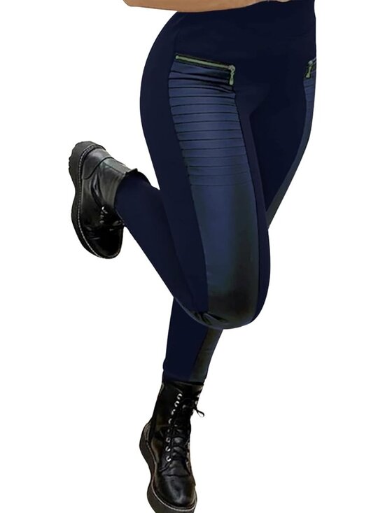 🆕Women's Navy Faux Leather Leggings Leather Pant Elastic Mid Wasted Stretchy